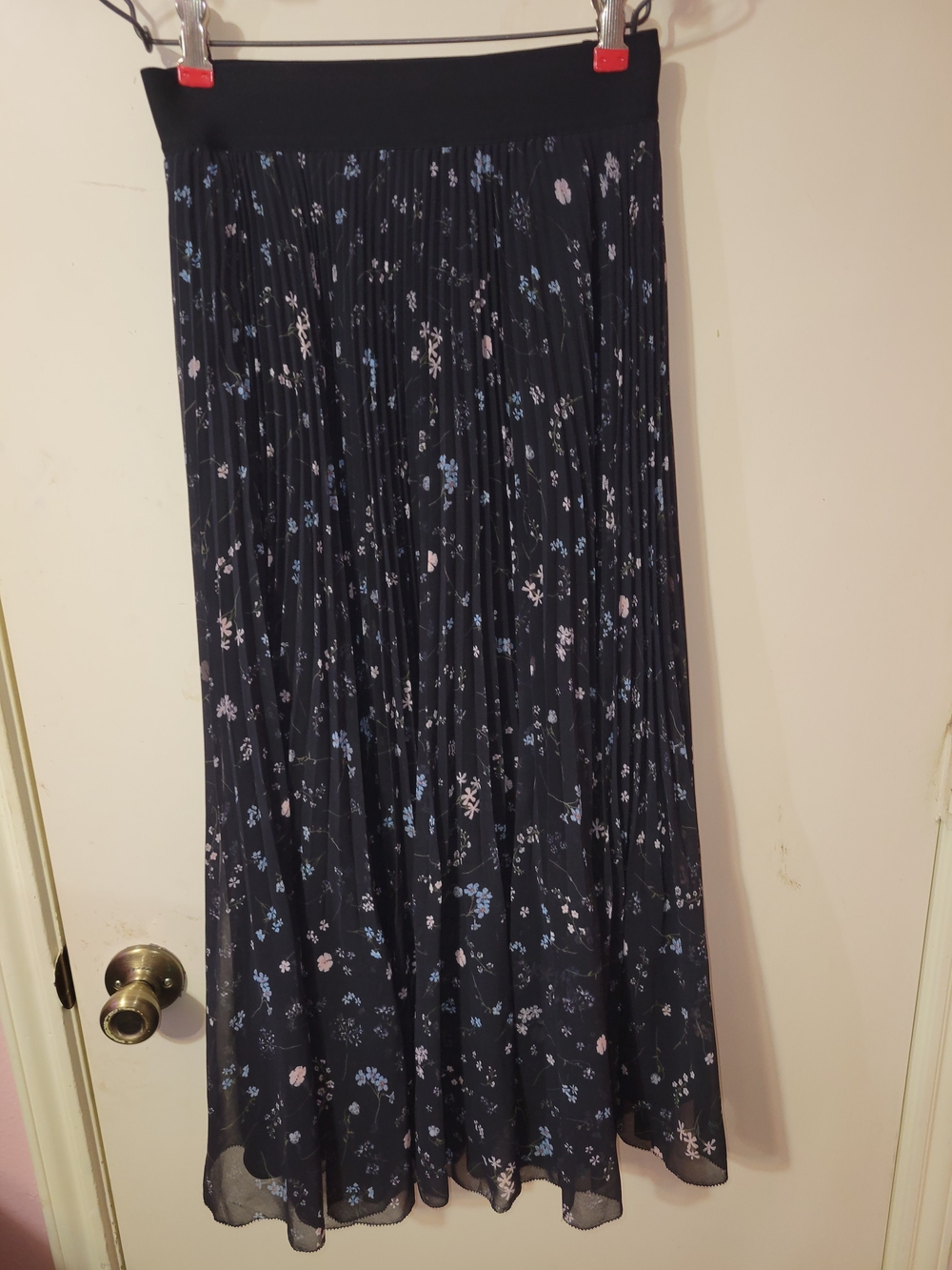 Wilfred Navy Pleated Maxi Skirt with Pink and Light Blue Floral Print